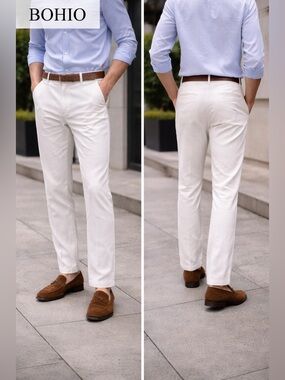 BOHIO Men's Slim White Chinos